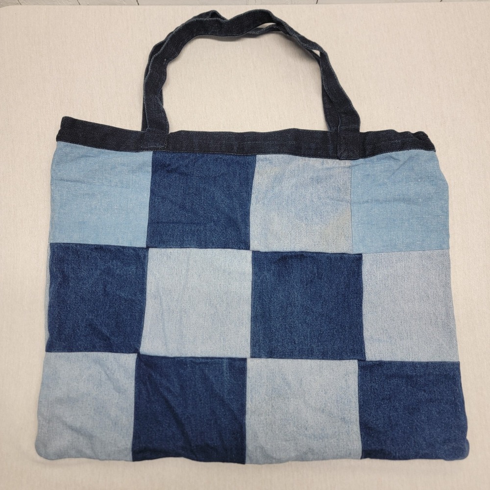 Y2k Hand Crafted Upcycled Large Medium Dark Wash Patchwork Denim Tote Bag Lined